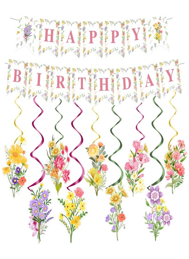 FEXICHUJI Floral Birthday Party Decorations for Girls, Wildflower Happy Birthday Banner with Garland Hanging Swirls Multicoloured Flower Decorations Set for Women - Image 1